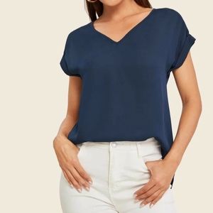 V-Neck Cuffed Sleeve High-Low Hem Top